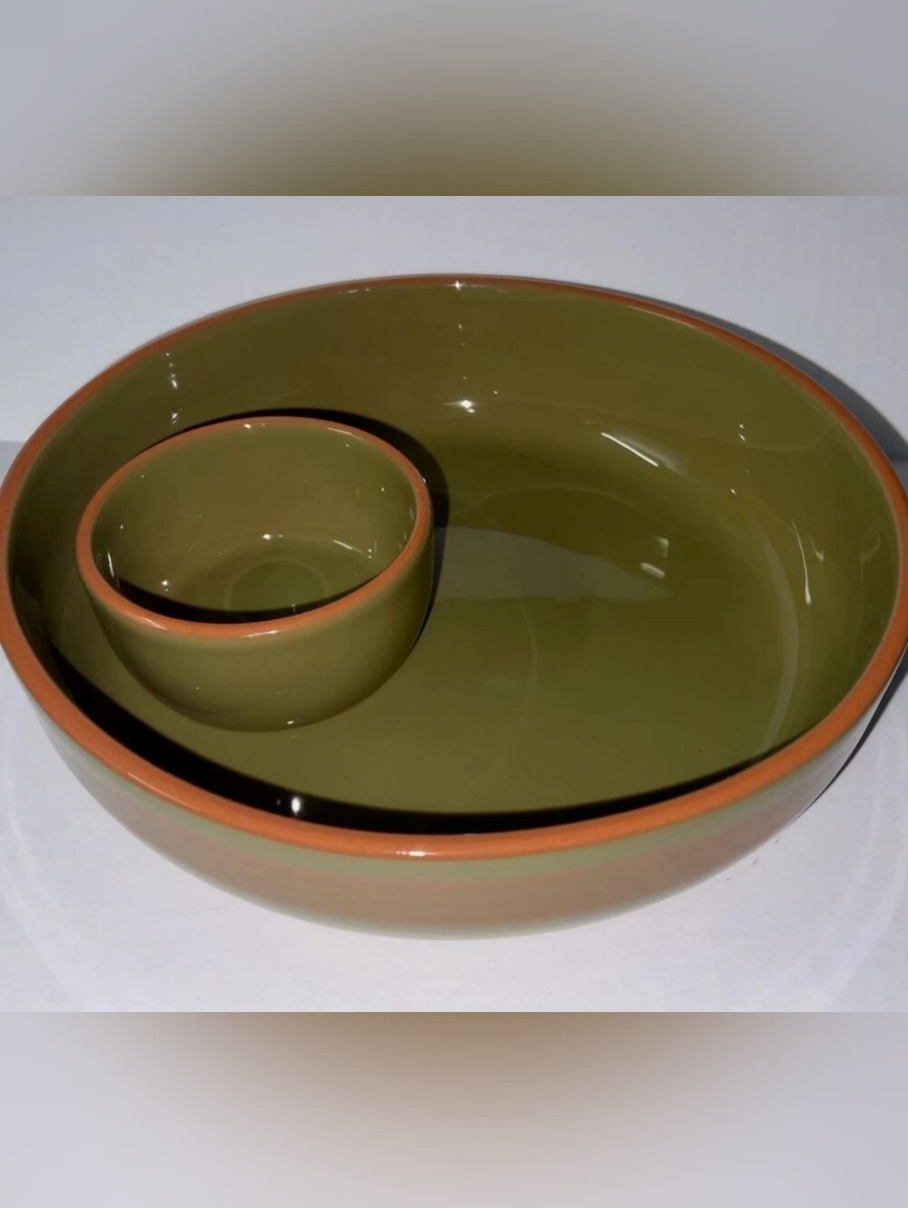 Terracotta Pottery Chip & Dip Serve Bowl Olive/Brown 10.5" Round ... Make Offer